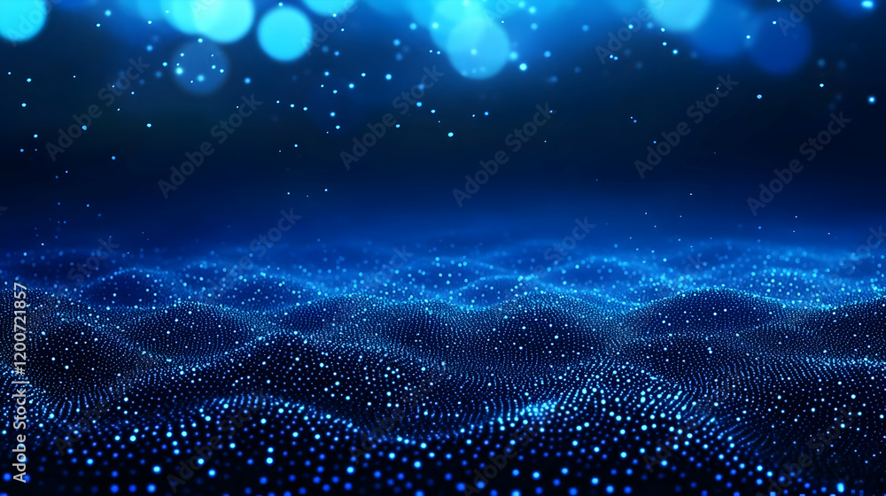 Poster abstract blue particles background creates a wavy pattern with bokeh effect gracefully