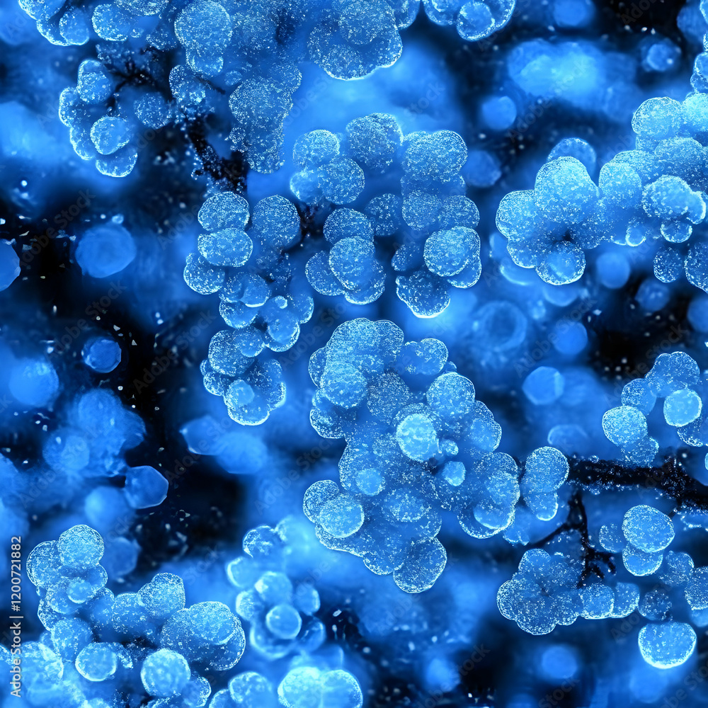 Poster blue abstract clusters form intricate pattern with a dark background