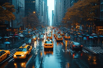 Rainy city street scene with yellow cabs and pedestrians under umbrellas.