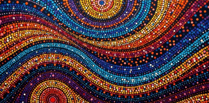 Traditional Aboriginal dot painting with vibrant colors and geometric patterns, native aesthetic, symbolic artwork