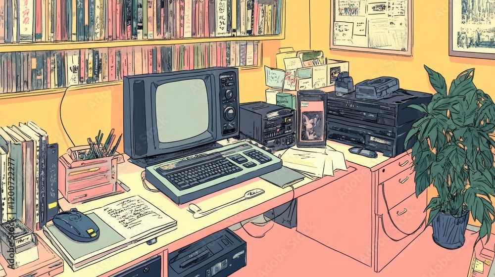Poster retro computer setup in a brightly lit room with bookshelves