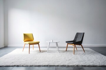 Drone shot reveals a breathtakingly simple scene: grey rug, white wall, elegantly placed chairs.