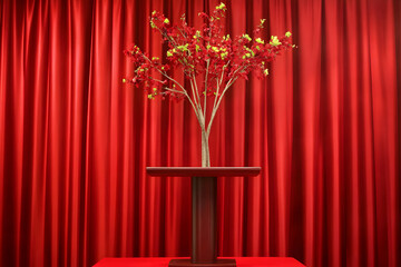 Red Flowers Tree Stands on a Table with Red Curtains Background with Drapes Beautifully.