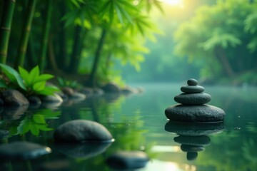 Obraz premium tranquil scene of zen stones floating in a serene lake amidst bamboo and overgrown vegetation , Bamboo, Natural Beauty
