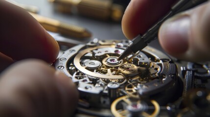 An intricate shot of a watchmaker assembling a luxury watch, Watchmaking workshop scene, Haute horology style