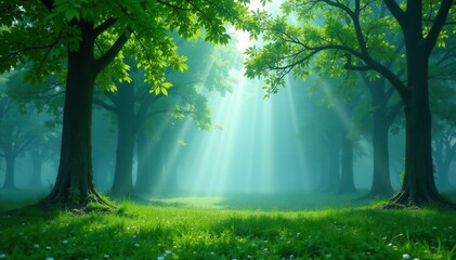 Obraz premium Trees with lush green foliage surrounding a smoke-filled air, with gentle mist falling over them, wellness, nature