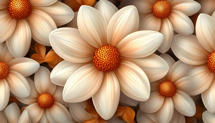 Fototapeta premium Autumn Cream Flowers, Closeup, Background Leaves, Design