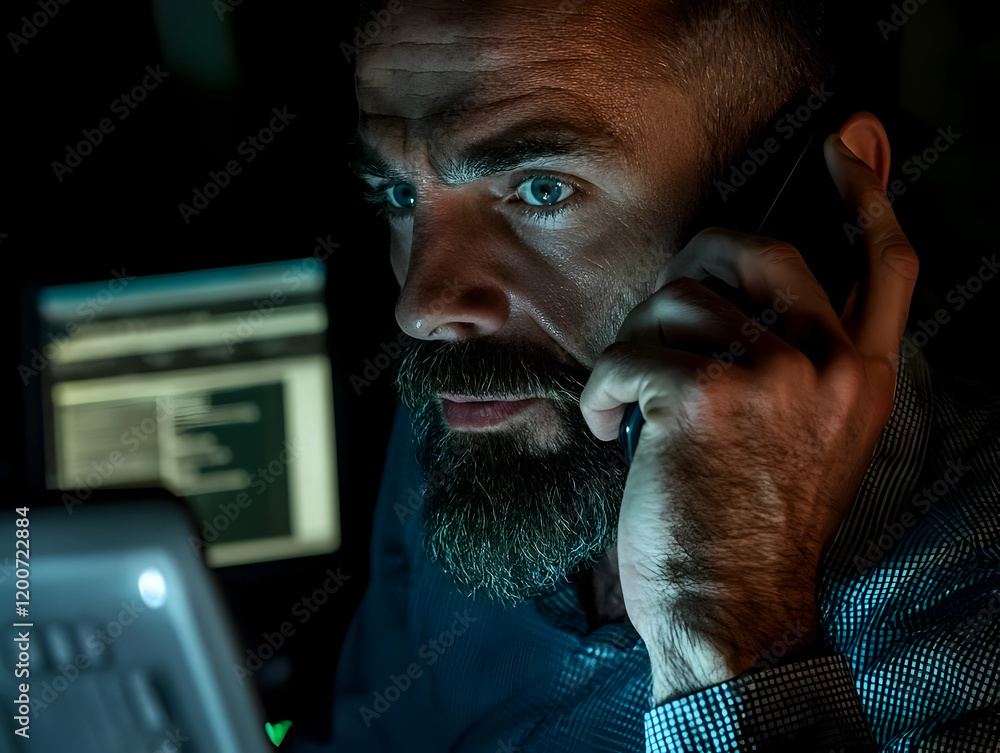 Aufkleber man works late at night, talking on phone and looking at computer screen with concern