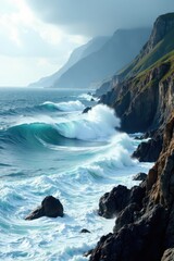 Turbulent ocean waves crash against rugged coastline, spray, foam