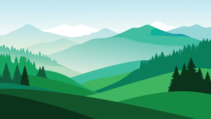 Fototapeta premium Green hillside adorned with trees, enveloped in a gentle layer of fog, creating a tranquil landscape flat vector illustration.