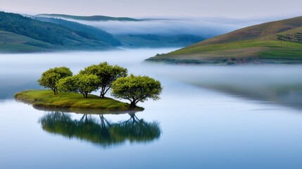 Obraz premium Misty Lake with Island Trees