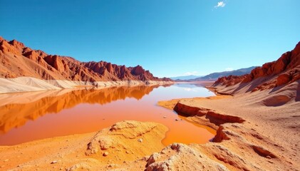Naklejka premium Vast expanses of orange-hued lithium-rich soil with jagged rock formations and dry lakebeds under clear blue sky, lithium fields, desert landscapes