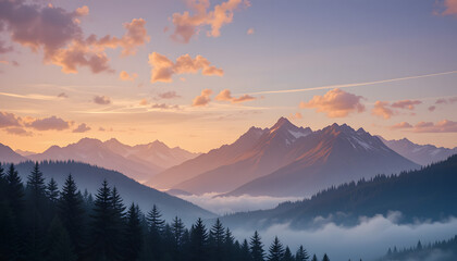 Obraz premium Majestic mountain range at sunset, fog in valley, pine trees.