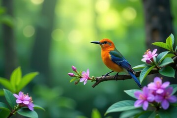 Obraz premium Vibrant bird perched on a branch with blooming purple flowers in a lush green forest, tree, wings