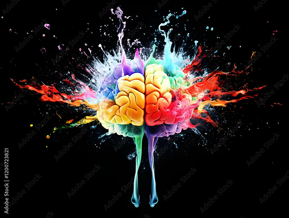Poster colorful brain exploding with paint splatter on black background