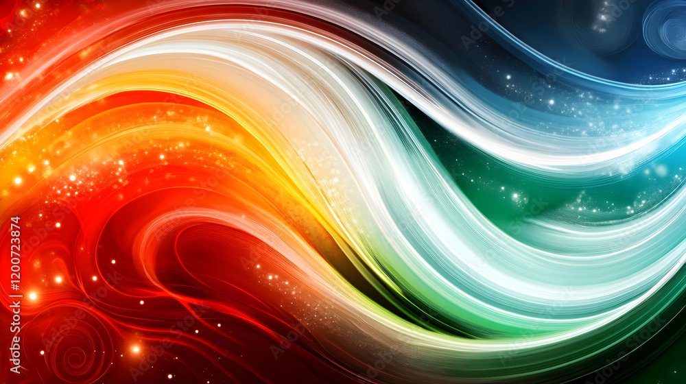 Poster abstract background with colorful wavy lines and sparkling particles dynamically flowing