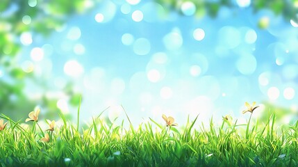 Obraz premium Springtime Bliss: A vibrant green meadow, bursting with life, captures the essence of springtime renewal. Delicate wildflowers bloom amidst the lush grass.