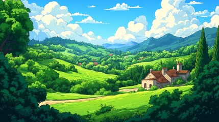 Pixel Art Depiction of a Serene Valley Landscape with a Rustic House