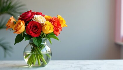 Fototapeta premium Vibrant flowers in a glass vase, arranged artfully on a table, flowers, colorful