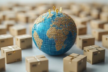 Global delivery network concept: a miniature globe surrounded by cardboard boxes, symbolizing worldwide shipping and logistics.