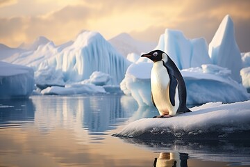Obraz premium Solitary penguin standing on ice amidst a serene Antarctic landscape