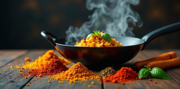 Vibrant Indian spices scattered around a steaming wok, basmati rice, cumin