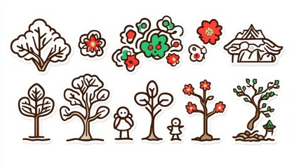 Collection of Asian Inspired Trees, Flowers, and Structures