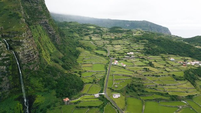 Aerial view of Cascata do Poco do Bacalhau waterfall, Faja Grande, Flores, Azores, Portugal