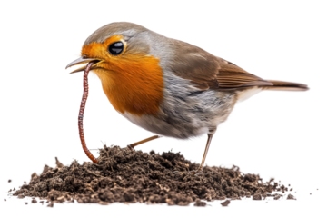 Bird catches a worm in a garden setting during the morning hours isolated on transparent background