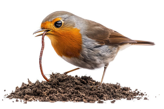 Bird catches a worm in a garden setting during the morning hours isolated on transparent background