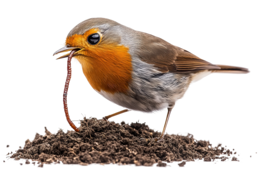 Bird catches a worm in a garden setting during the morning hours isolated on transparent background