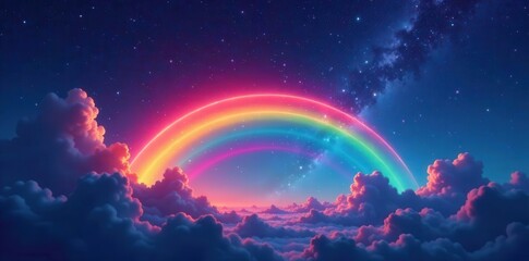 Vibrant rainbow colors glowing in the dark night sky with stars and clouds, cosmos, clouds