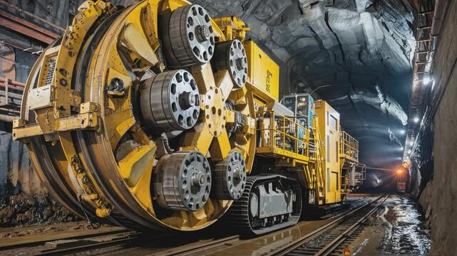 Heavy Duty Tunnel Boring Machine: A close-up view of a powerful yellow tunnel boring machine, its massive cutterhead gleaming under the harsh light of the underground tunnel.