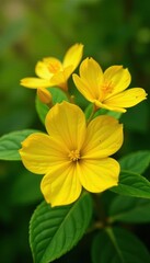Fototapeta premium Vibrant yellow ochna integerrima flower blooms with delicate texture and prominent center details , Nature Photography, Ochna Integerrima
