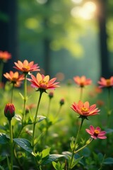 Fototapeta premium Vibrant wildflowers sway gently in the forest breeze, greenery, flowers