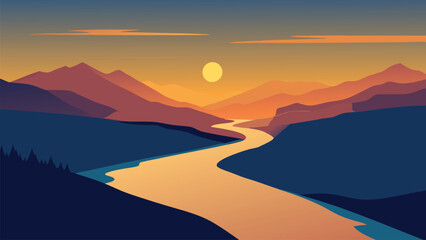  Sunset casts a golden glow over a tranquil lake and meandering river, captured from an aerial perspective flat vector illustration