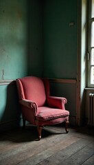 Vintage armchair sits alone in a dimly lit room with old wooden floor and dusty corners, chair, interior