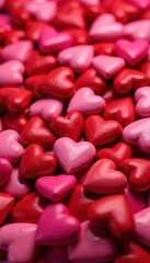 Pile of tiny red and pink hearts, close-up view, beautiful, many
