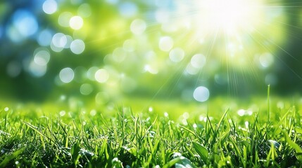 Lush Green Grass Under Bright Sunny Sky with Blurry Bokeh Effect