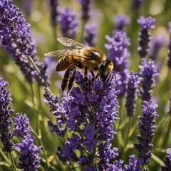 A bee pollinating vivid purple lavender blooms.
