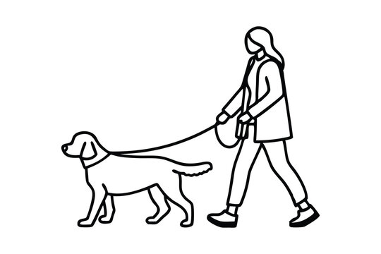  Woman walking a dog Hand drawn line art vector illustration
