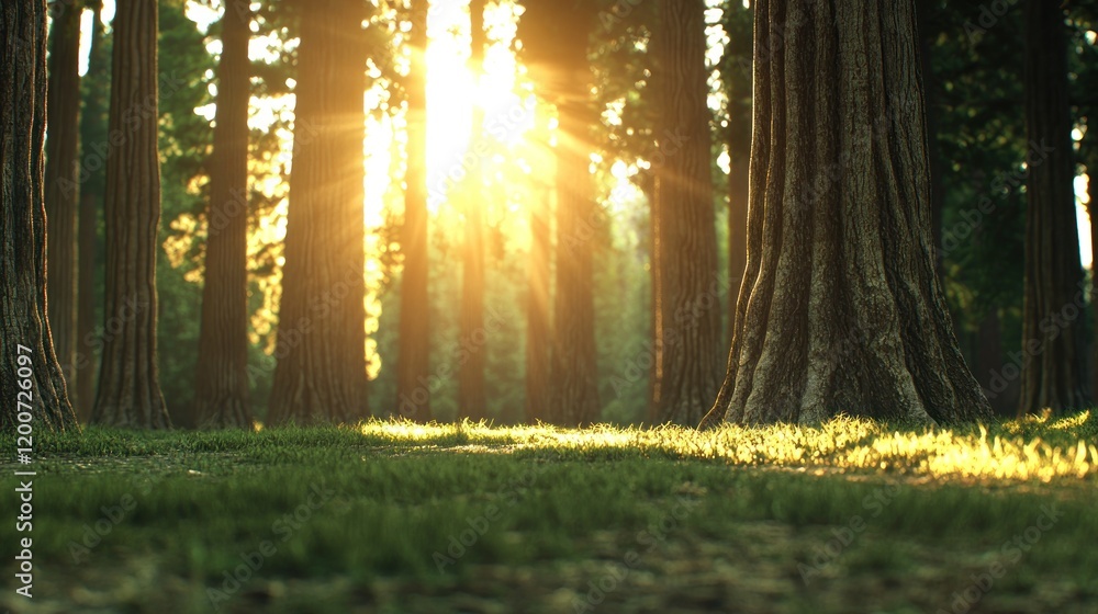 Aufkleber sunlight filtering through trees in a serene forest setting.