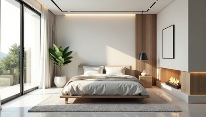 Virtually furnished minimalist bedroom with computer-generated decor , virtual furniture, bedroom furniture
