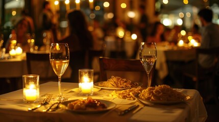 Obraz premium Chic Italian restaurant. Gourmet pasta wine. Candlelit tables elegant white linens. Fine dining attire. Romantic ambiance.