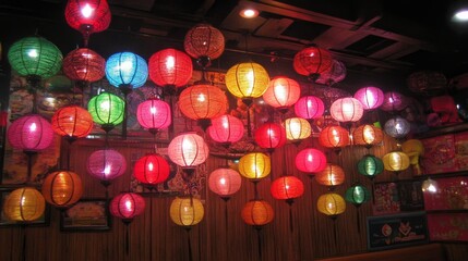 Colorful Asian Lanterns Hanging Decoratively Indoors