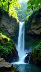 Waterfall cascades through lush forest amidst greenery and rocky terrain, foliage, waterfall