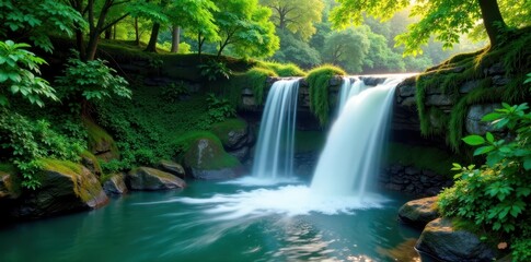 Waterfall cascades through emerald forest foliage, foliage, river