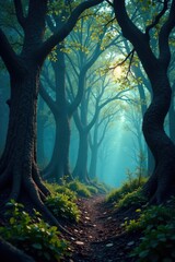 Fototapeta premium Dark forest landscape with twisted tree branches , bush, trees, tree