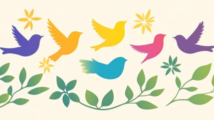 Colorful Birds and Floral Spring Border Design
