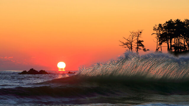 Captured moments and sunrise view of wave on the sea against pine trees of Myungseondo Island near Jinha-ri of Ulju-gun, Ulsan, South Korea
